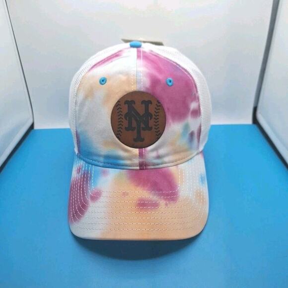 New York Mets Tie Dye Trucker Snapback Leather Patch Hat MLB The Game Cotton - Picture 1 of 7